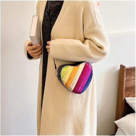 Rainbow Heart Shaped Crossbody Bag Womens Color Block Compact Trend - Picture 7 of 7